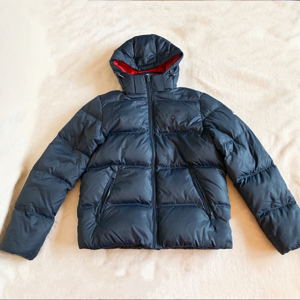 NWT Tommy Hilfiger Detachable Hood Down Puff Jacket Coat Navy Blue M​
